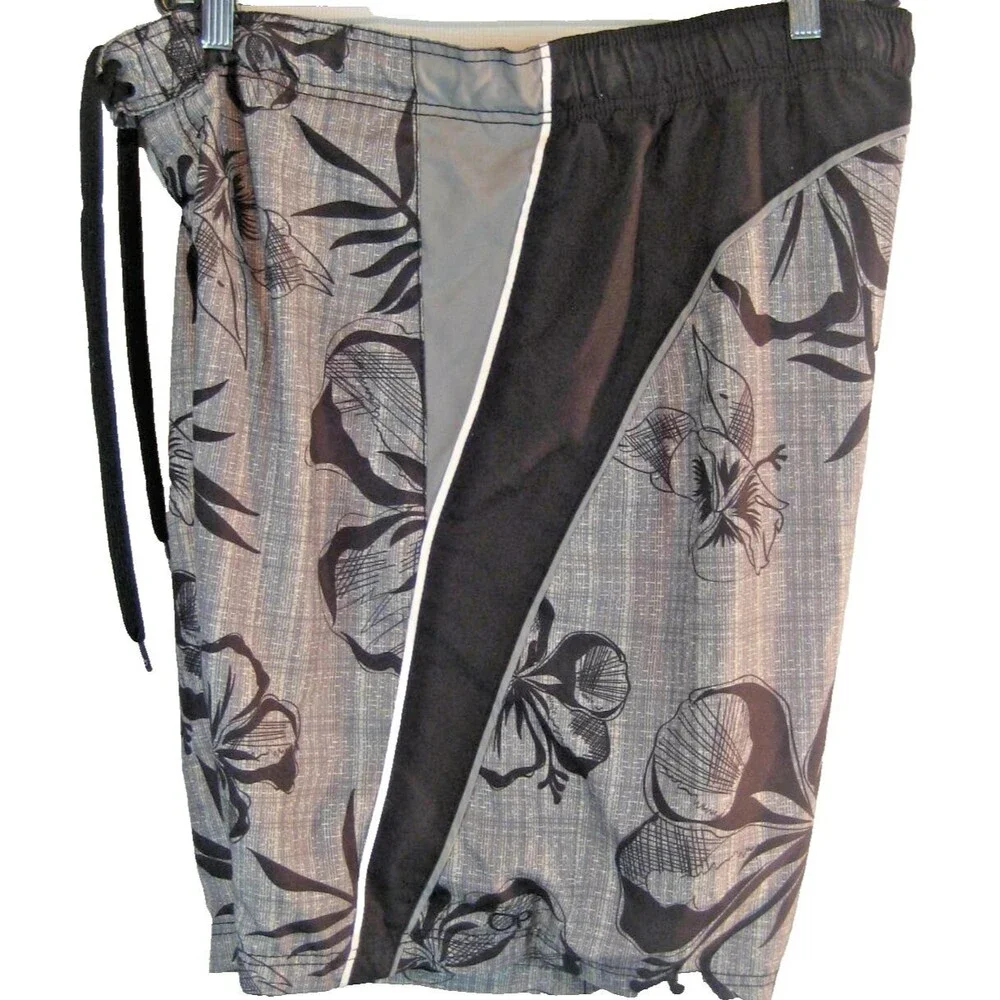 Mens Ocean Pacific Black/Gray Polyester Floral Swim Board Shorts sz XLx10